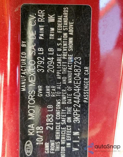 2019 Kia Forte Fe из США, поврежденный, VIN 3KPF24AD4KE048723